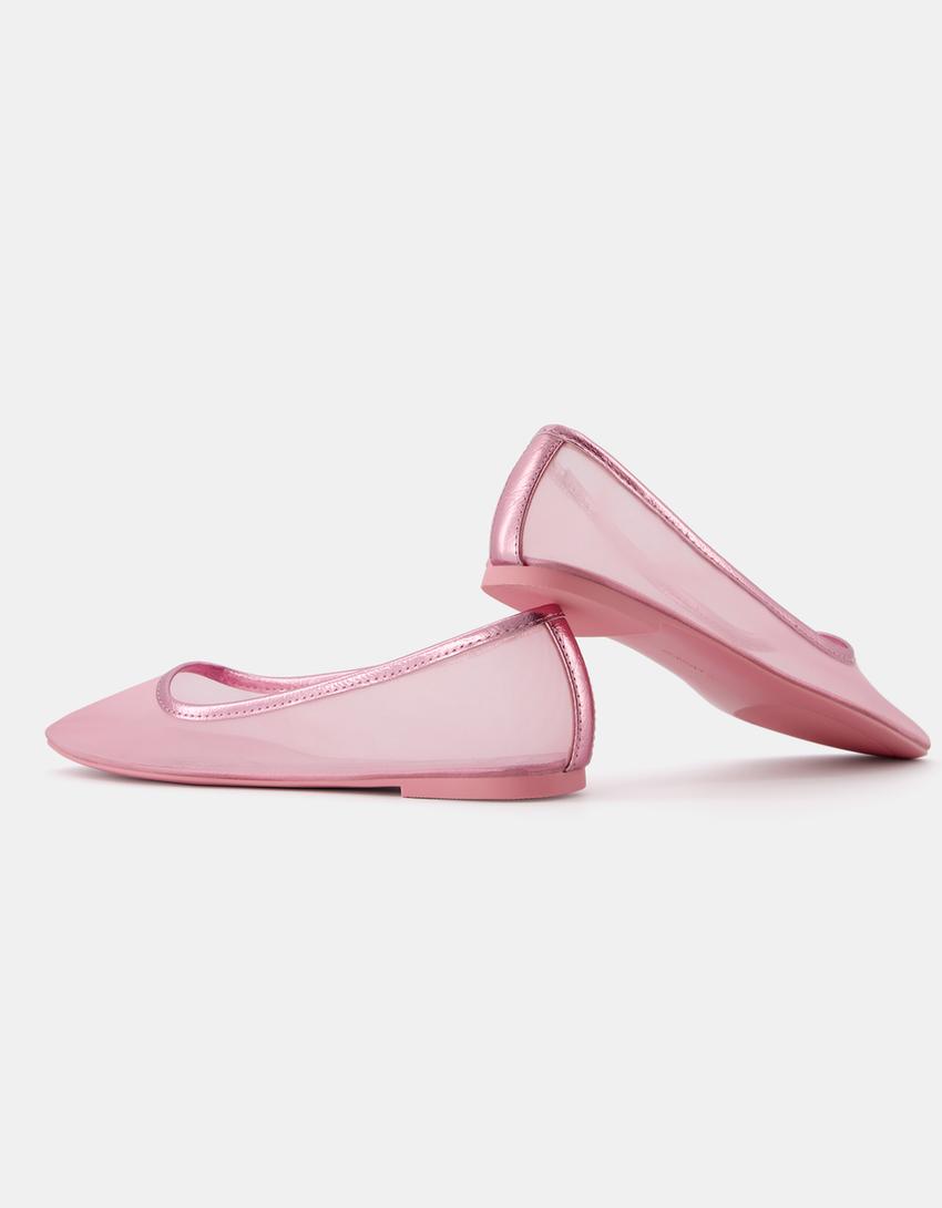 حذاء باليرينا مسطح من نسيج شبكي-زهري-4