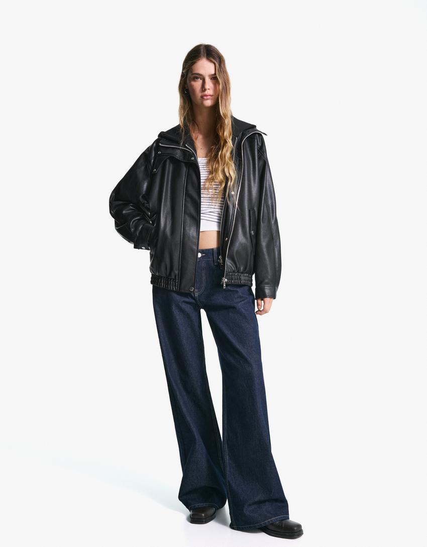 Oversize faux leather jacket-Black-1