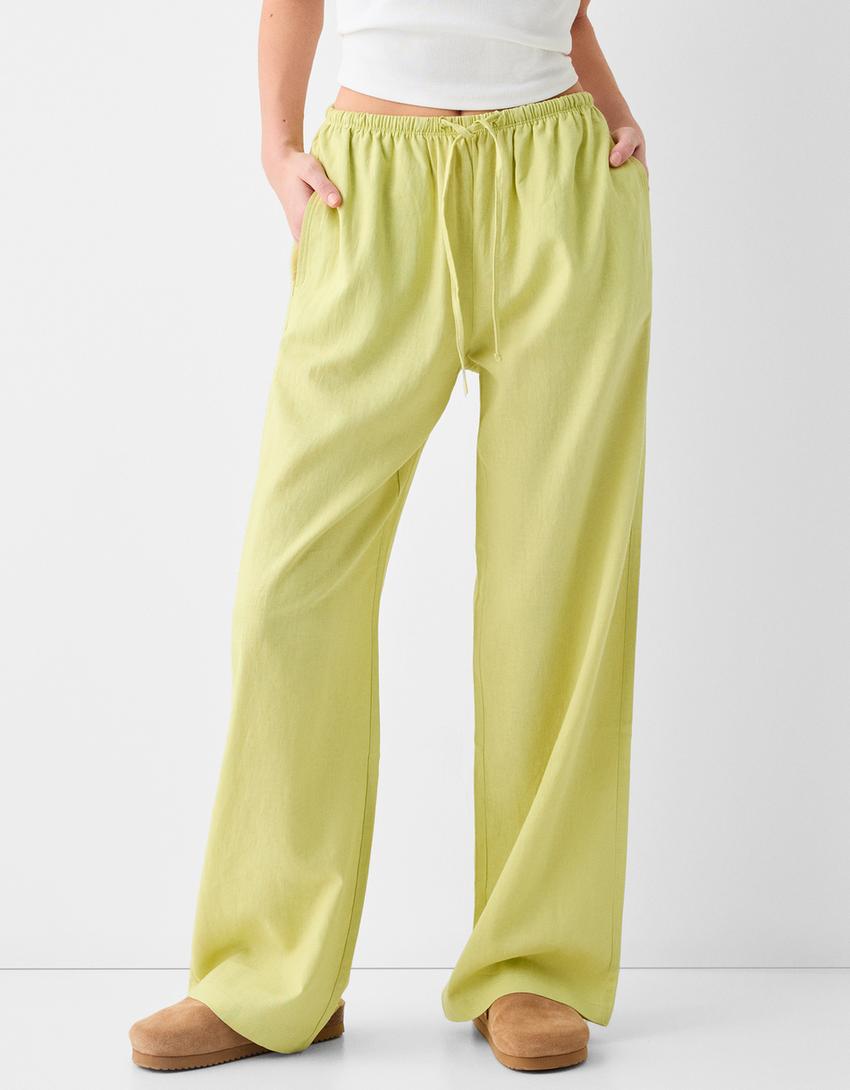 Straight-leg trousers with linen and an elastic waist-Green-1