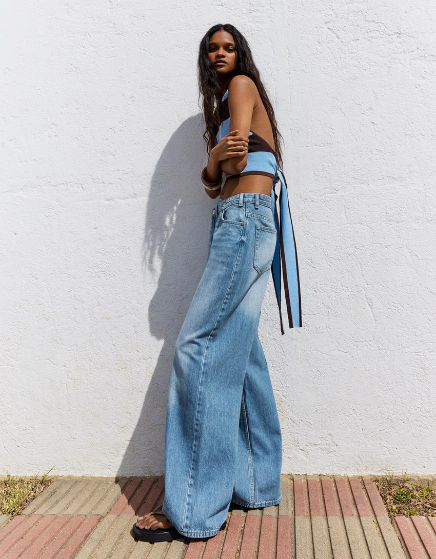 Çapraz belli yüksek bel geniş paça jean-Açık mavi
