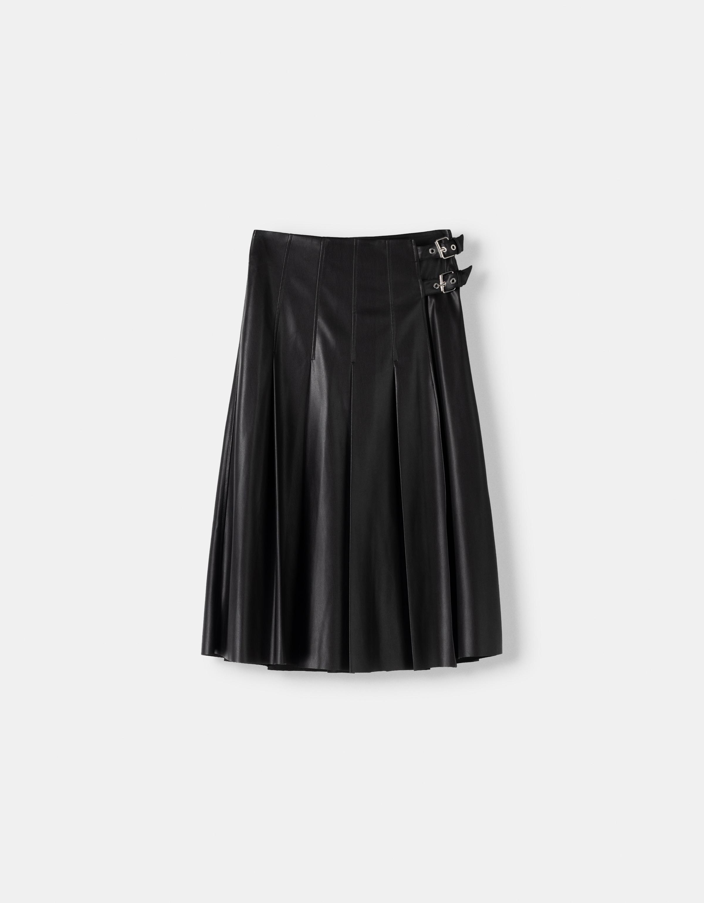 Leather effect box pleat midi skirt