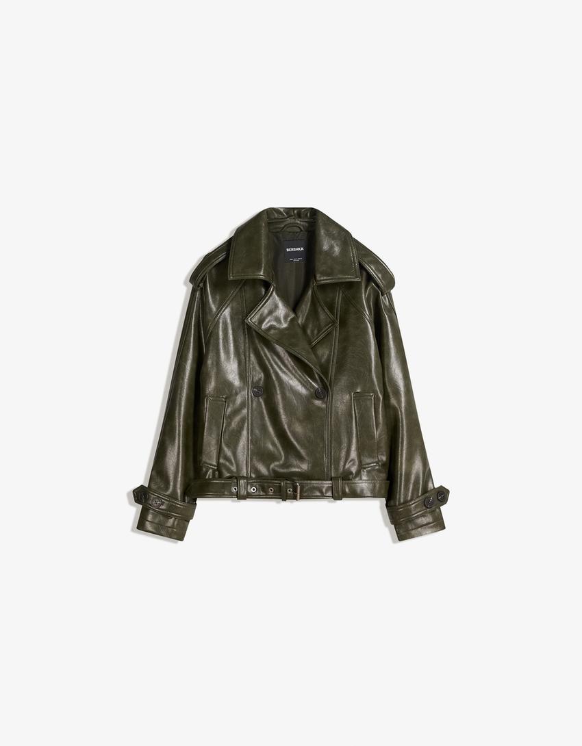 Korte trenchcoat met leereffect-Groen