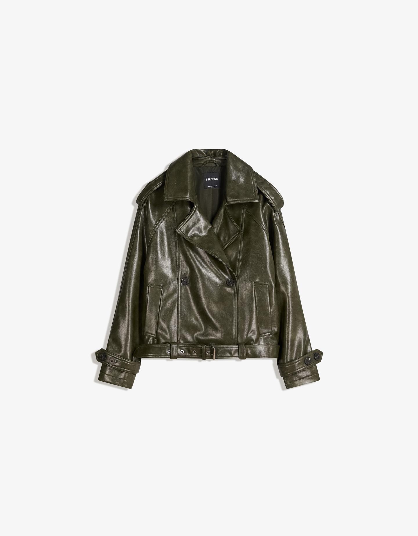 Bershka Cazadora Trench Corta Efecto Piel Mujer M Verde