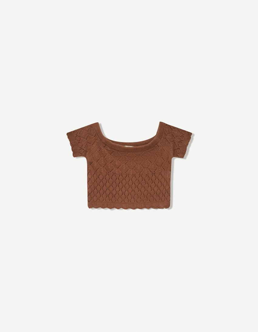 Pull manches courtes rustique Bardot-Marron-3