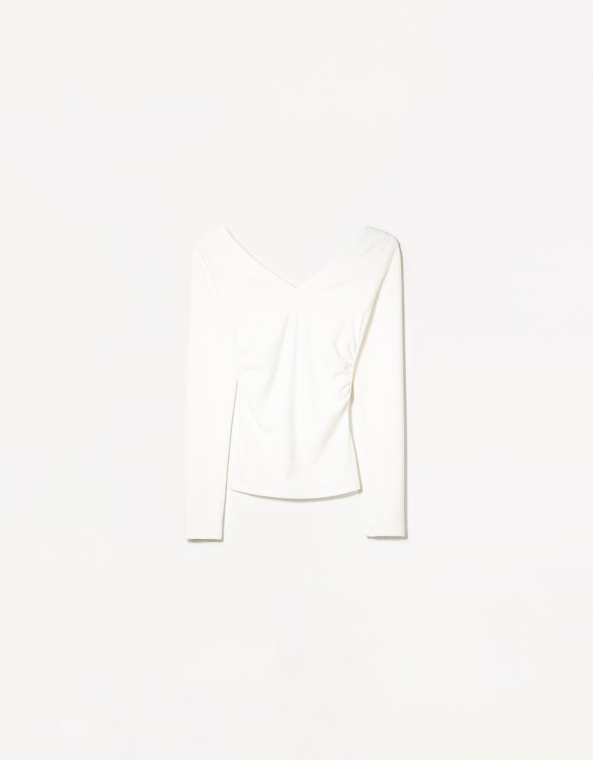 Long sleeve T-shirt with gathered V-neck-Cream-5