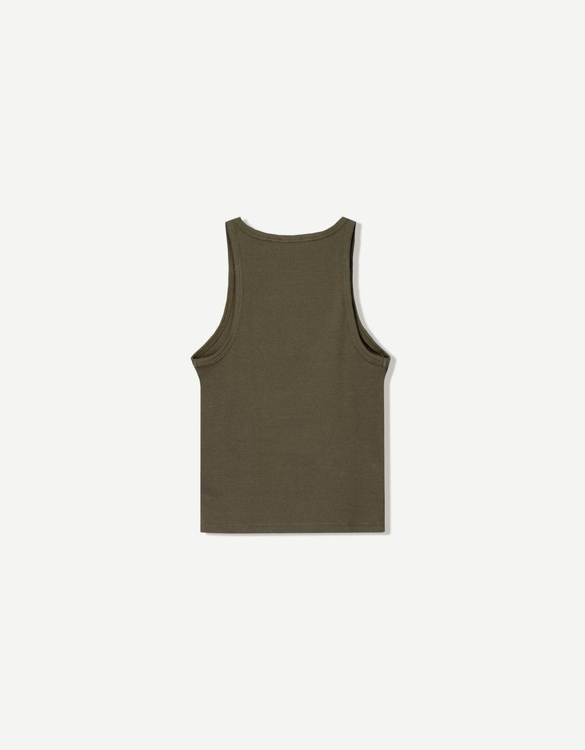 Sleeveless ribbed T-shirt-Khaki-4