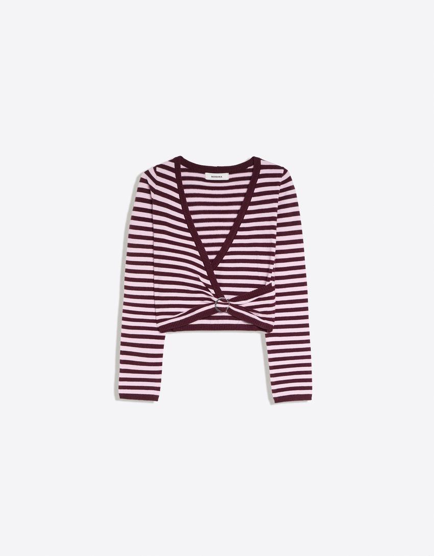 Buckle V-neck sweater-Pink