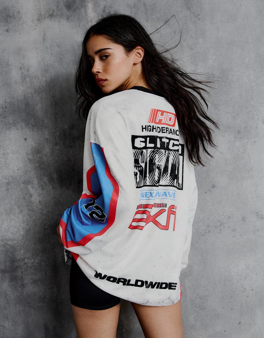 Printed long sleeve technical fabric T-shirt-Off white