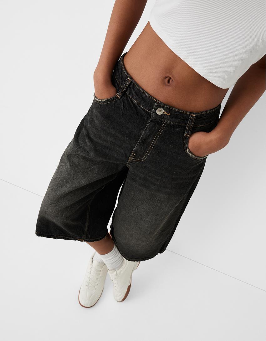 Baggy denim Bermuda shorts-Black-4