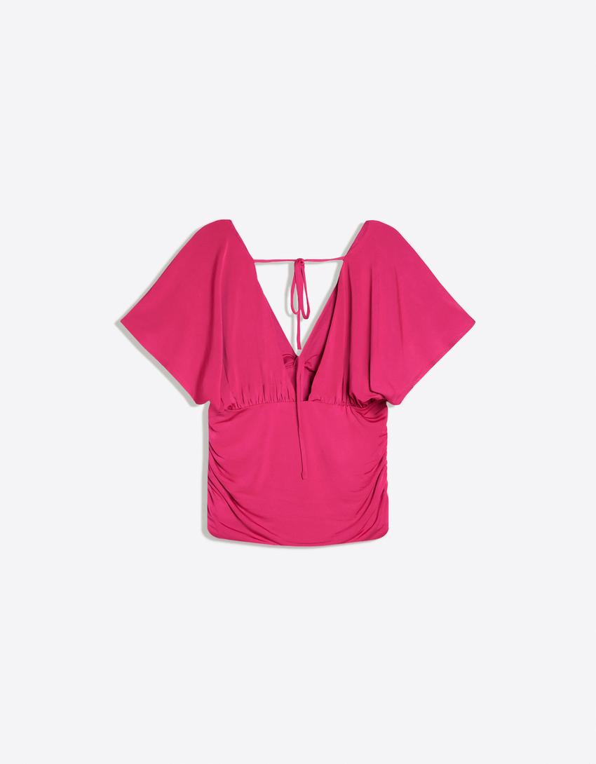 Top mit gerafftem V-Ausschnitt-Fuchsia