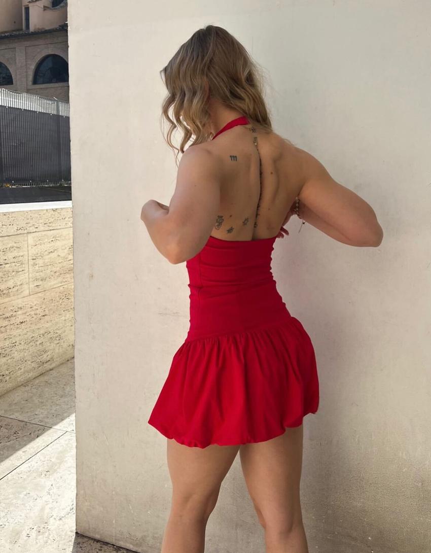 Bengaline balloon mini dress-Red