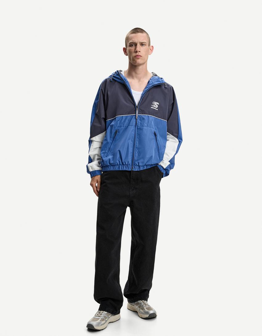 Blouson léger color block capuche-Bleu