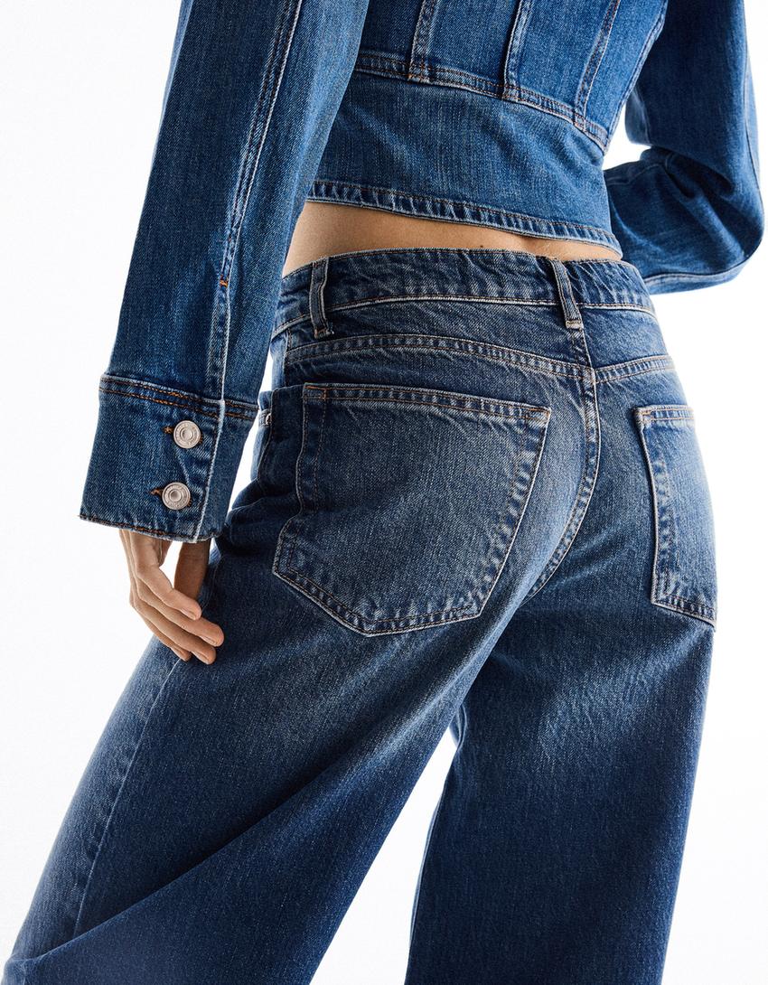 Wide-leg high-waist vintage wash jeans-Blue