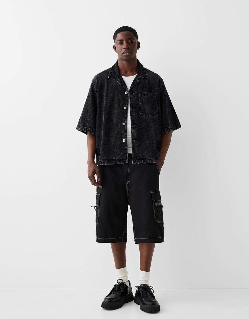 Cropped short sleeve denim shirt-Black-3