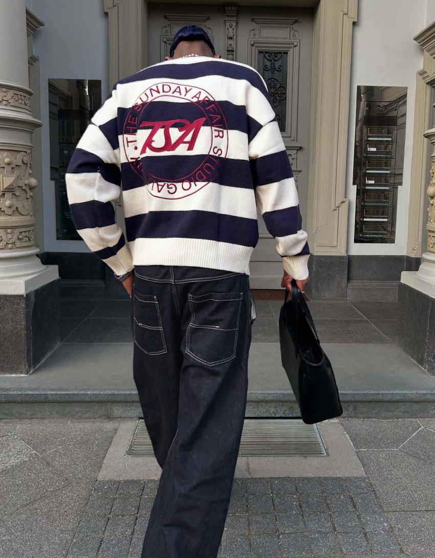 Jersey cuello redondo rayas bordado-Marino