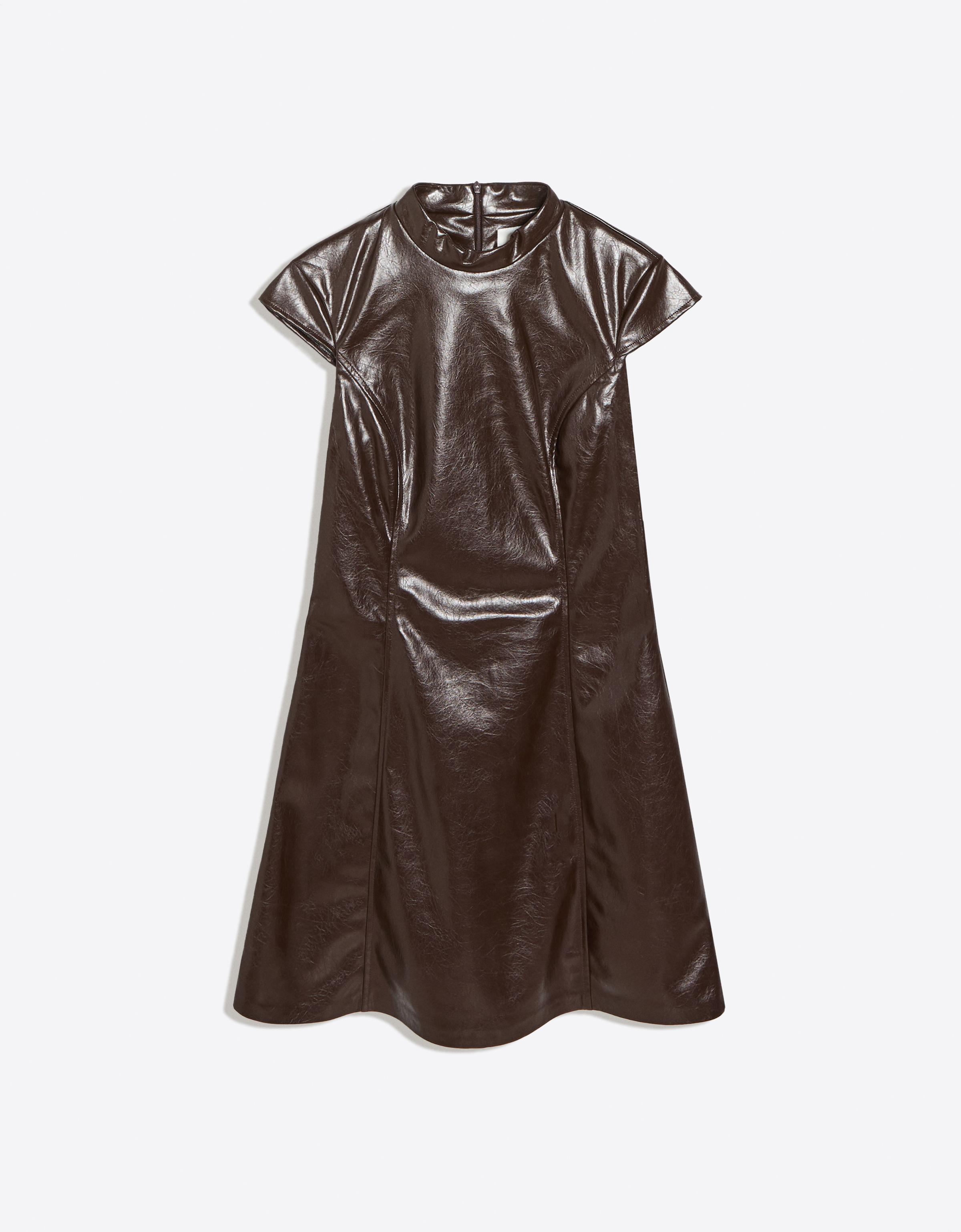 Leather effect mini dress with a high neck — Brown