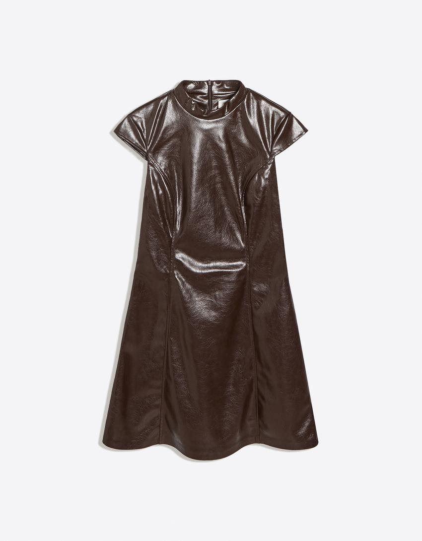 Leather effect mini dress with a high neck-Brown