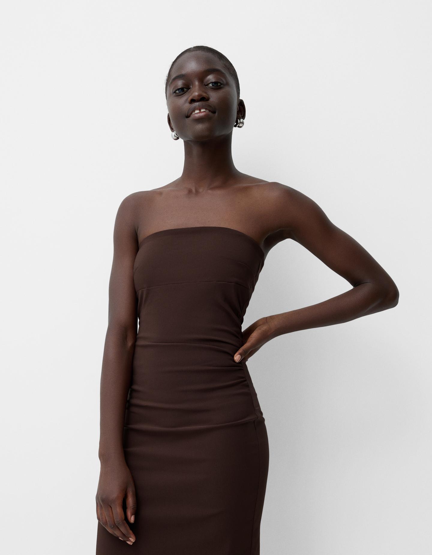 Bershka Vestido Midi Bandeau Mujer M Marrón