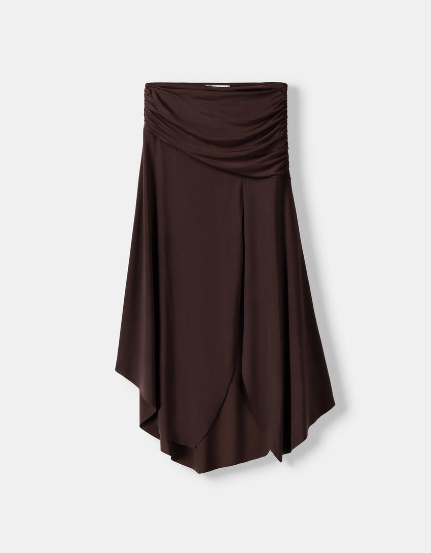 Midi skirt with a turnover waistband-Brown-5