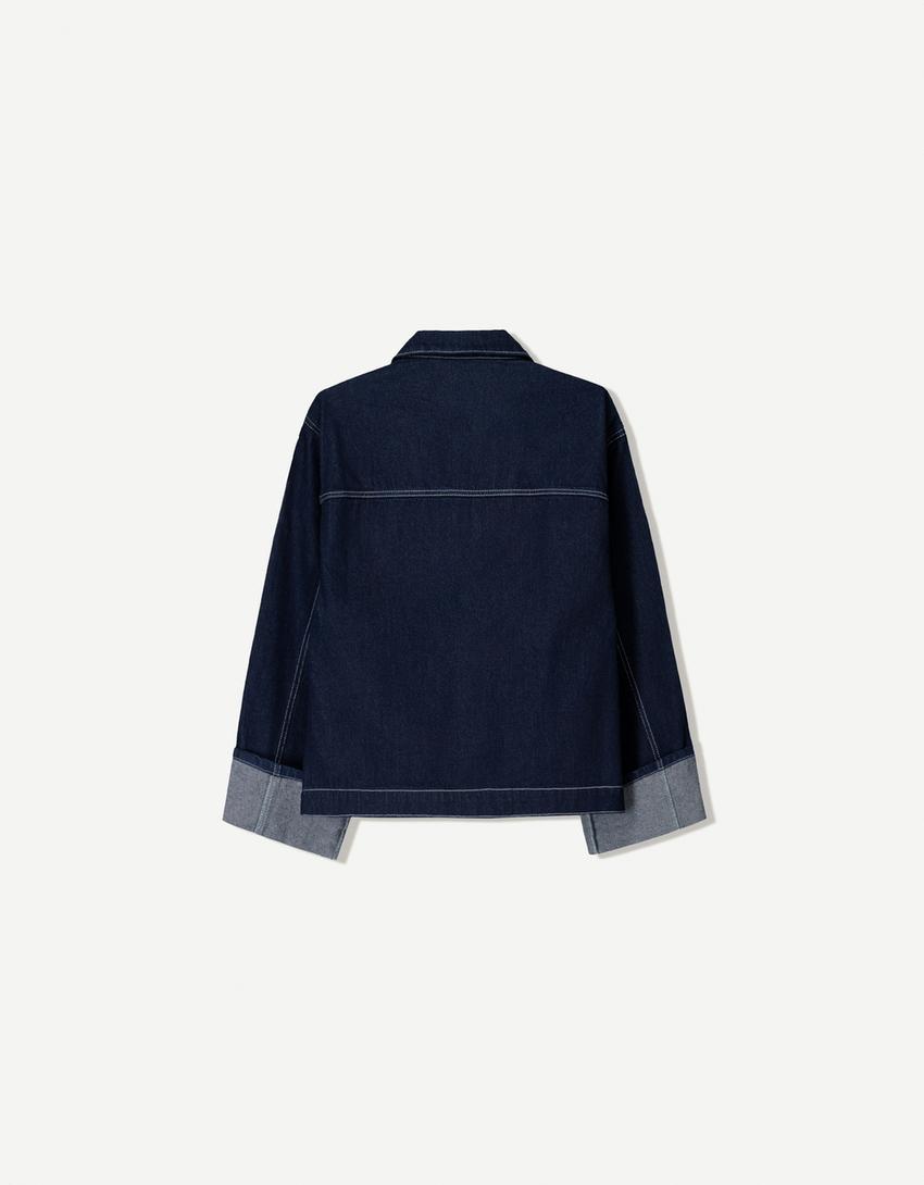 Denim overshirt with seam detail-Navy-4