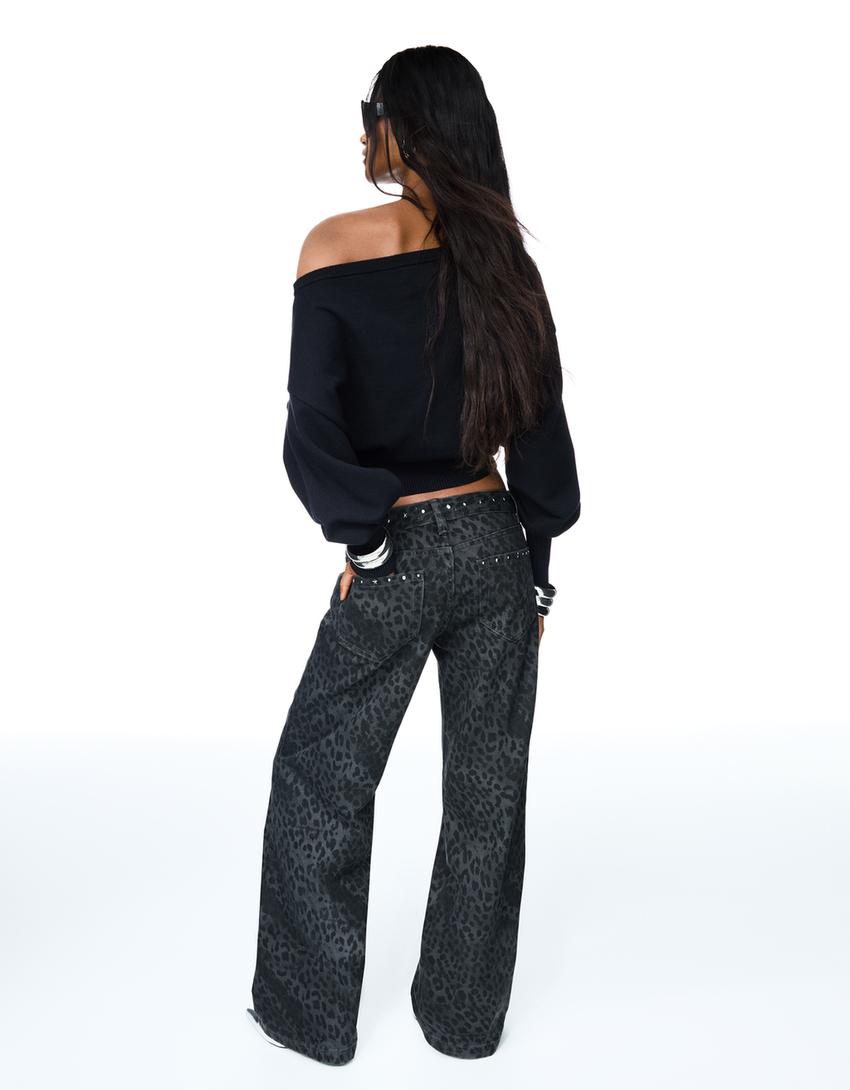 Straight-Leg-Hose im Animalprint mit Nieten-Dunkelgrau-1