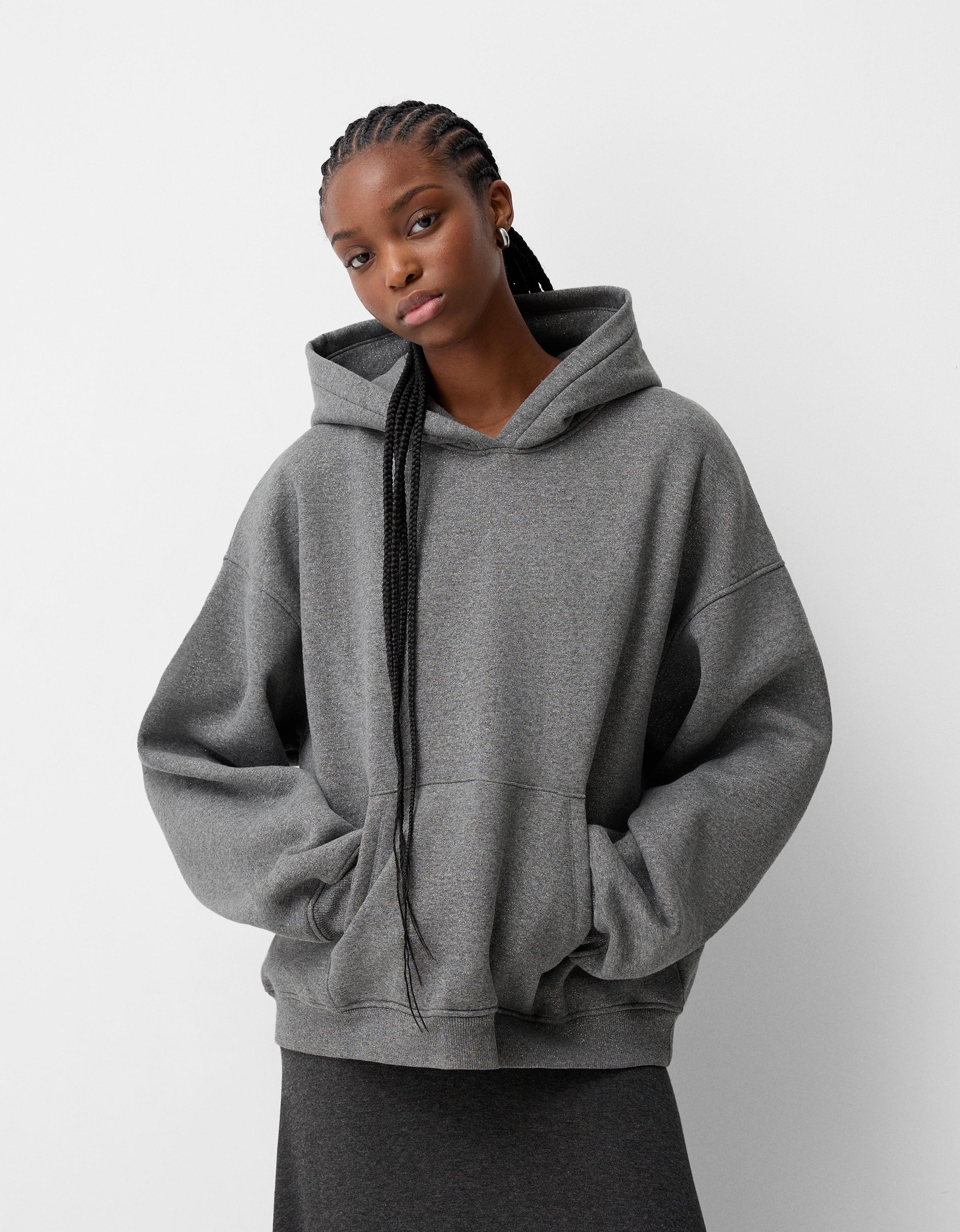 Bershka Glänzendes Sweatshirt Mit Kapuze Damen L Grau