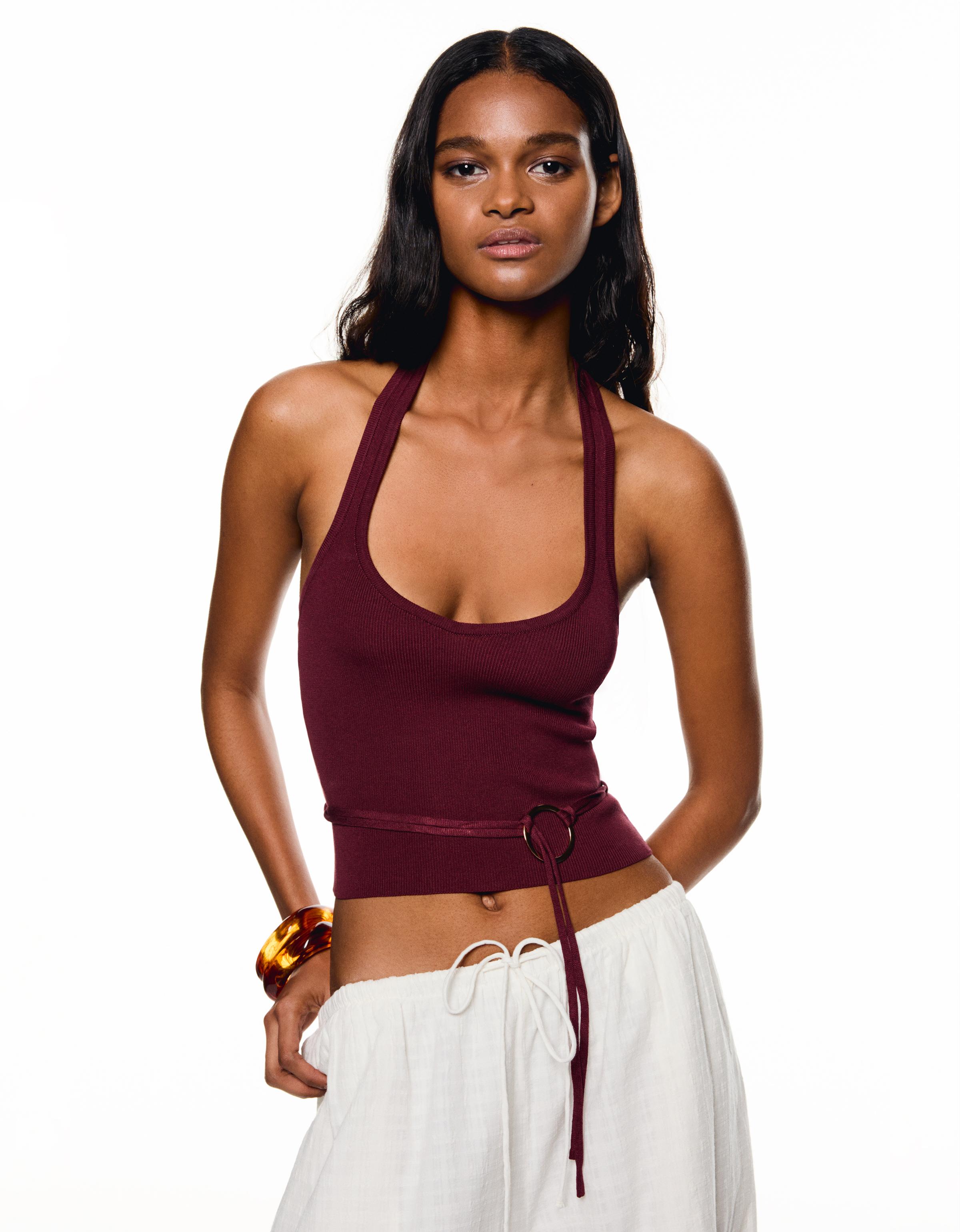 Bershka Neckholder-Top Mit Metallring Damen S Bordeaux