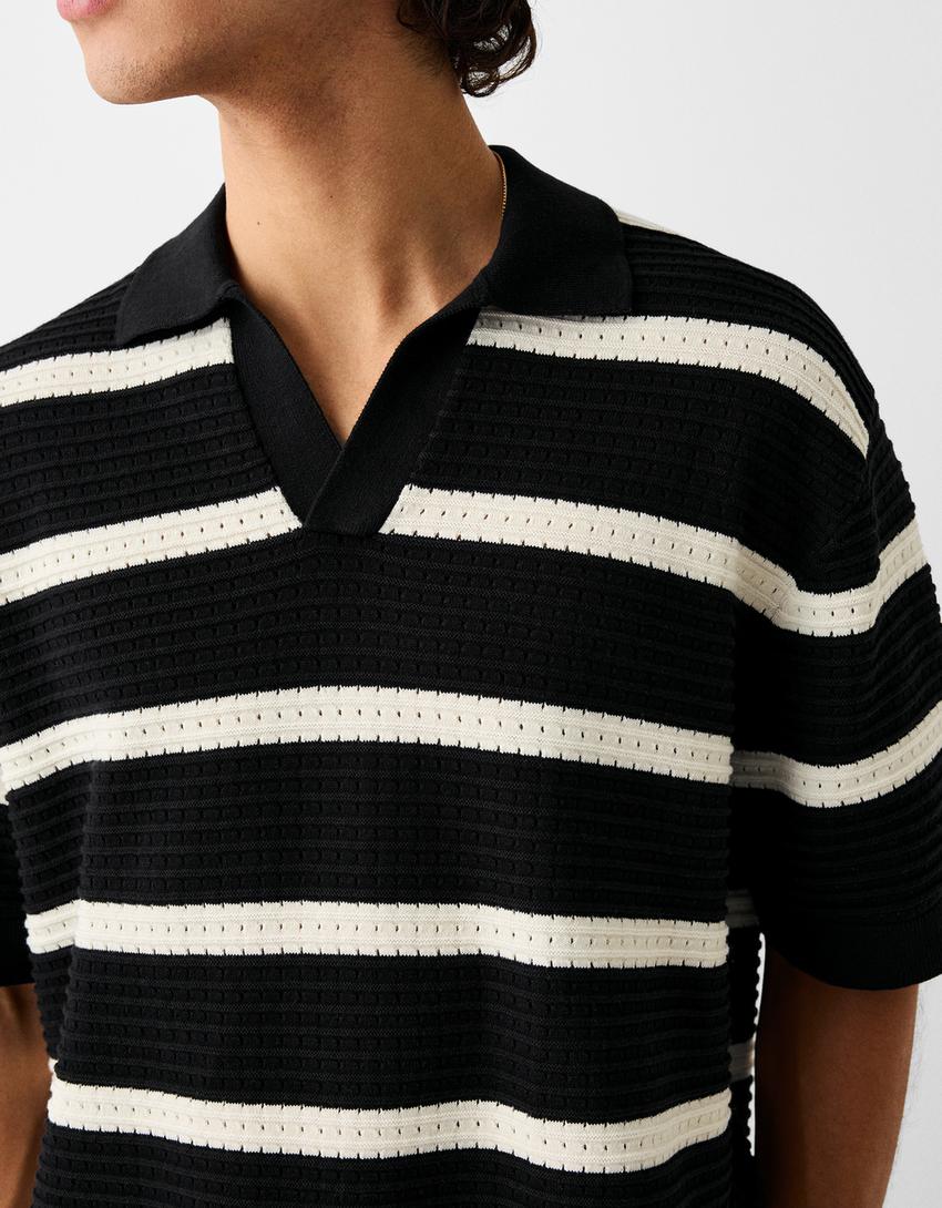 Textured striped short sleeve polo shirt-Black-5