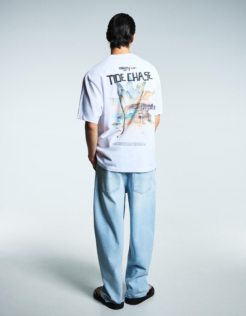 Tricou mânecă scurtă print-Alb