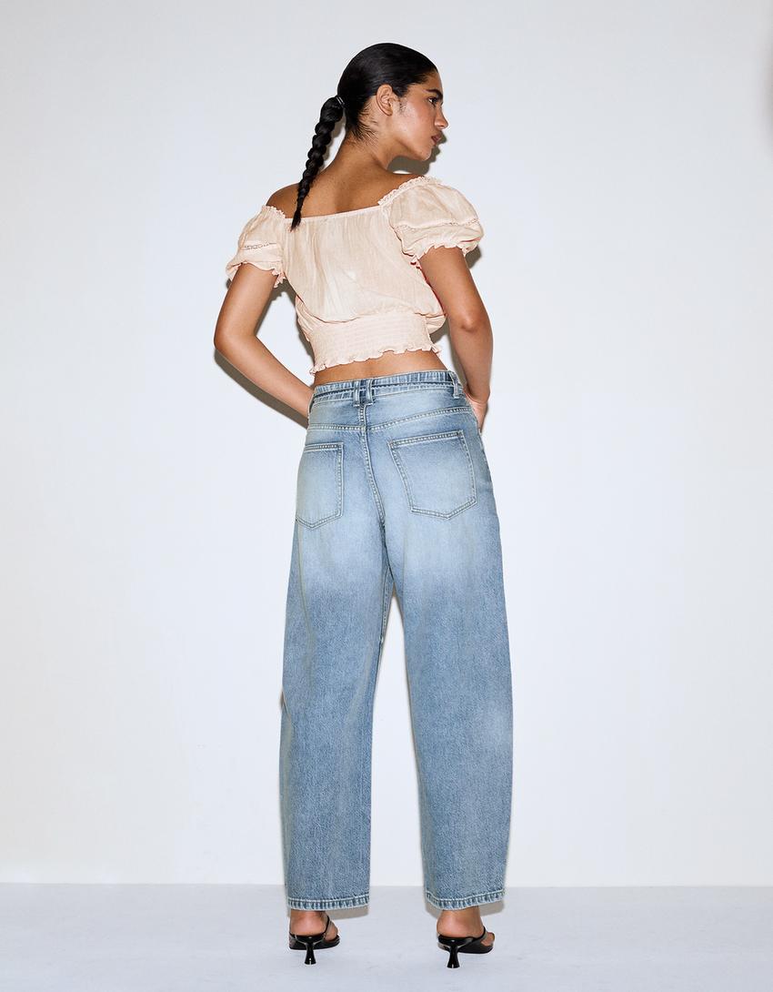 Jeans barrel fit taille élastique-Bleu lavé