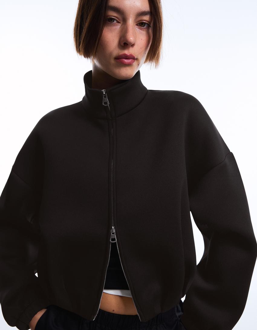 Neoprene effect balloon zip-up sweatshirt-Black