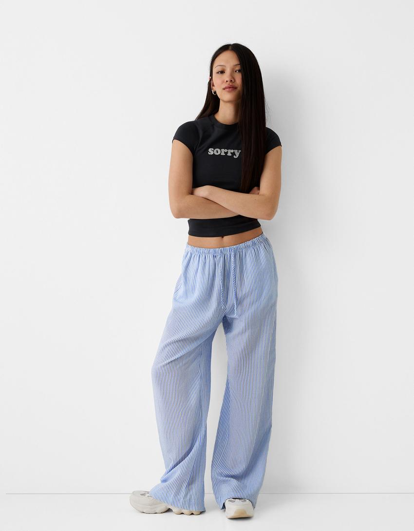 Straight-leg striped trousers with elasticated waist-Light blue-0