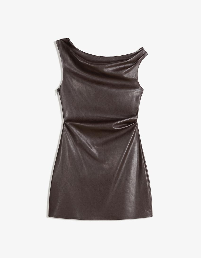 Vestido mini efecto piel asimétrico-Marrón