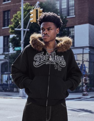 ZOO YORK X BERSHKA hooded fur jacket — Black 1