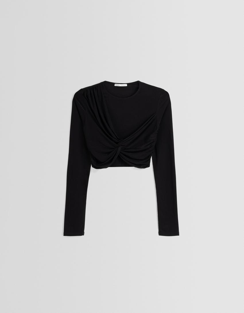 Long sleeve T-shirt with front knot-Black