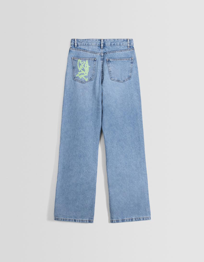 بنطال  فتيات القوة نمط التسعينيات واسع الساقين-أزرق فاتح-5