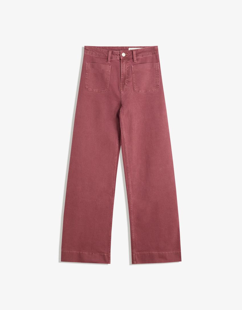 Seamless wide-leg jeans with pockets-Red-4