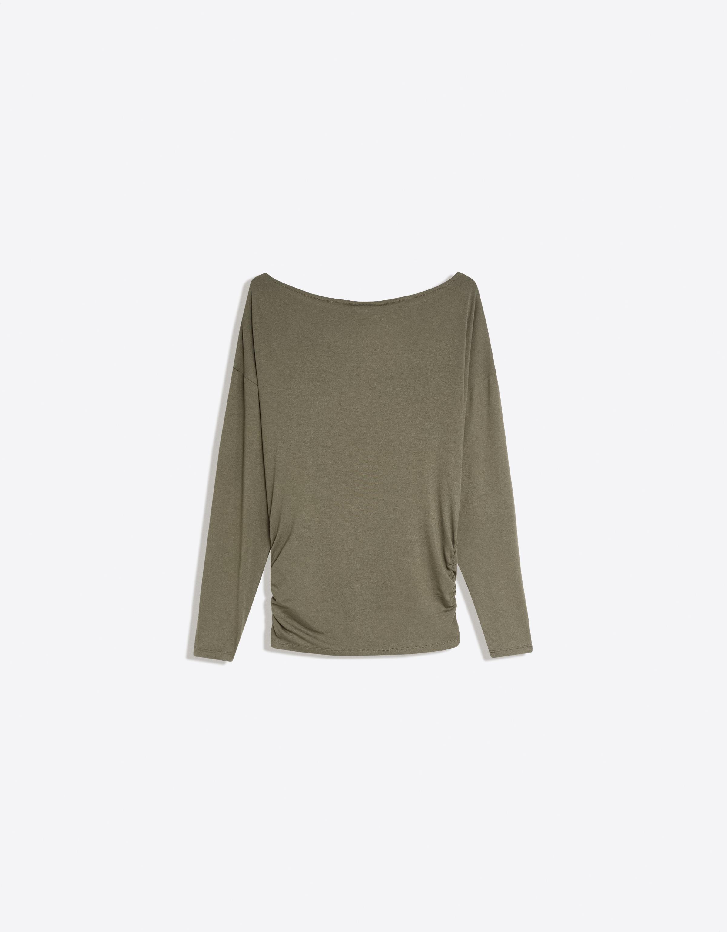 Asymmetric neck long-sleeved T-shirt — Khaki