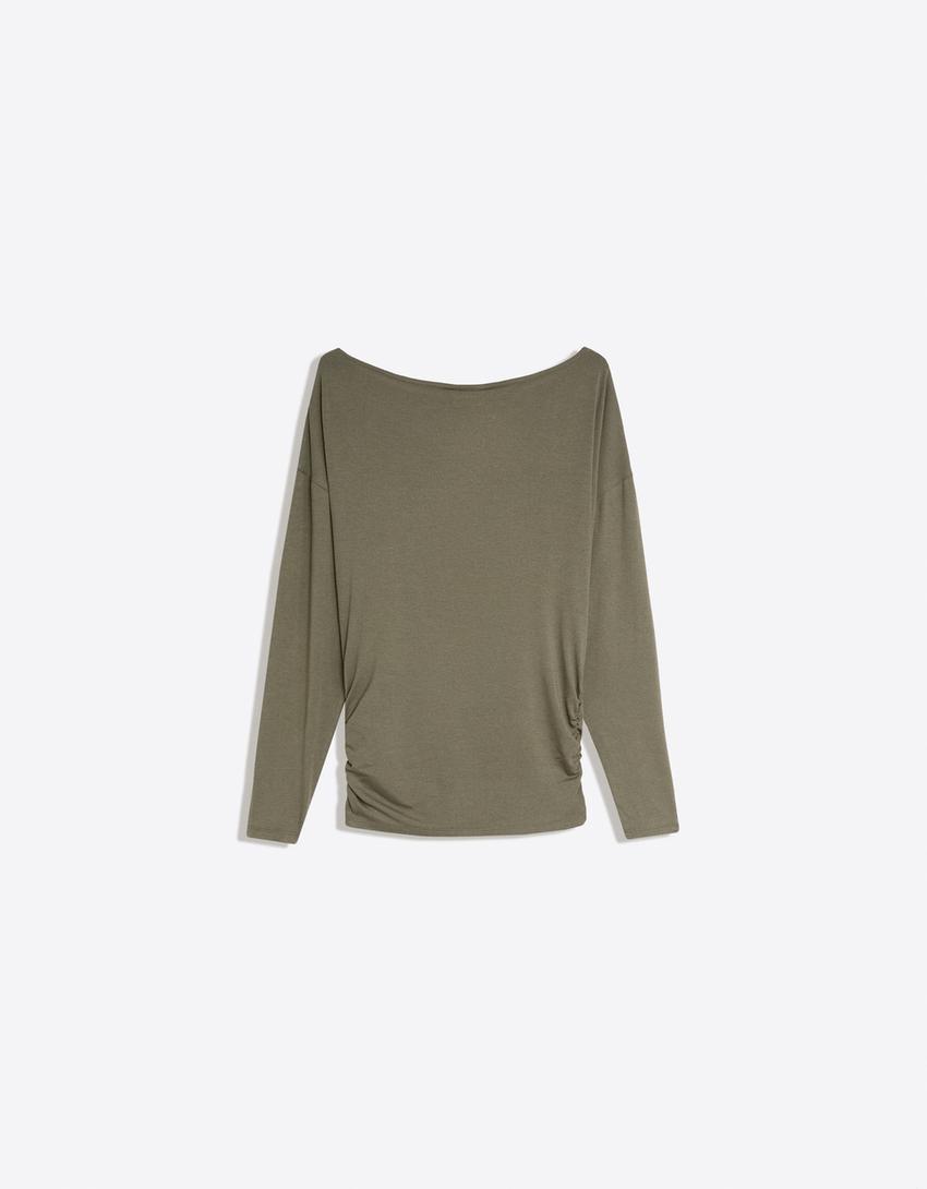 Long sleeve asymmetric neck T-shirt-Khaki