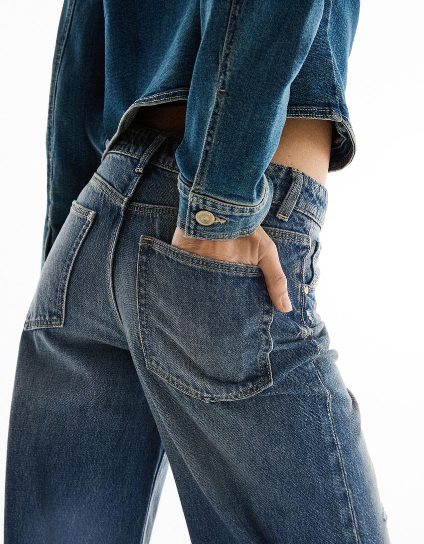 High-waist wide-leg vintage wash jeans-Light blue