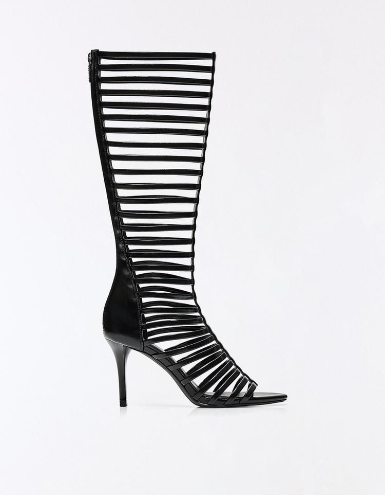 MULTI-STRAP HEELED BOOT SANDALS — BLACK