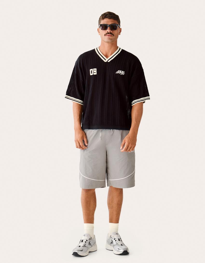 T-shirt col en V style rétro-rétro sport-Noir