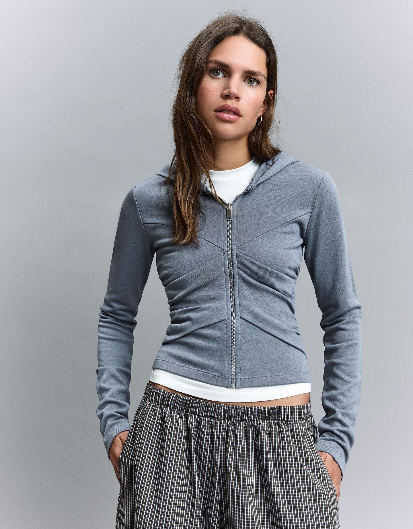 Bershka drapowana kurtka z kapturem szary
