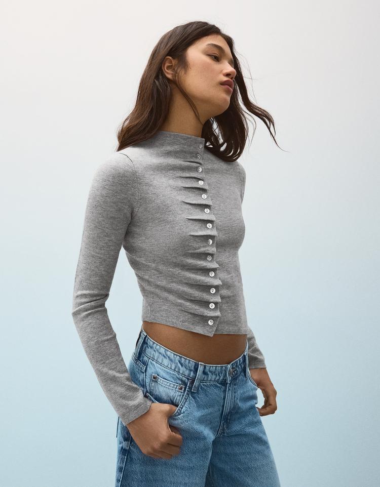 Draped round neck buttoned cardigan — Grey