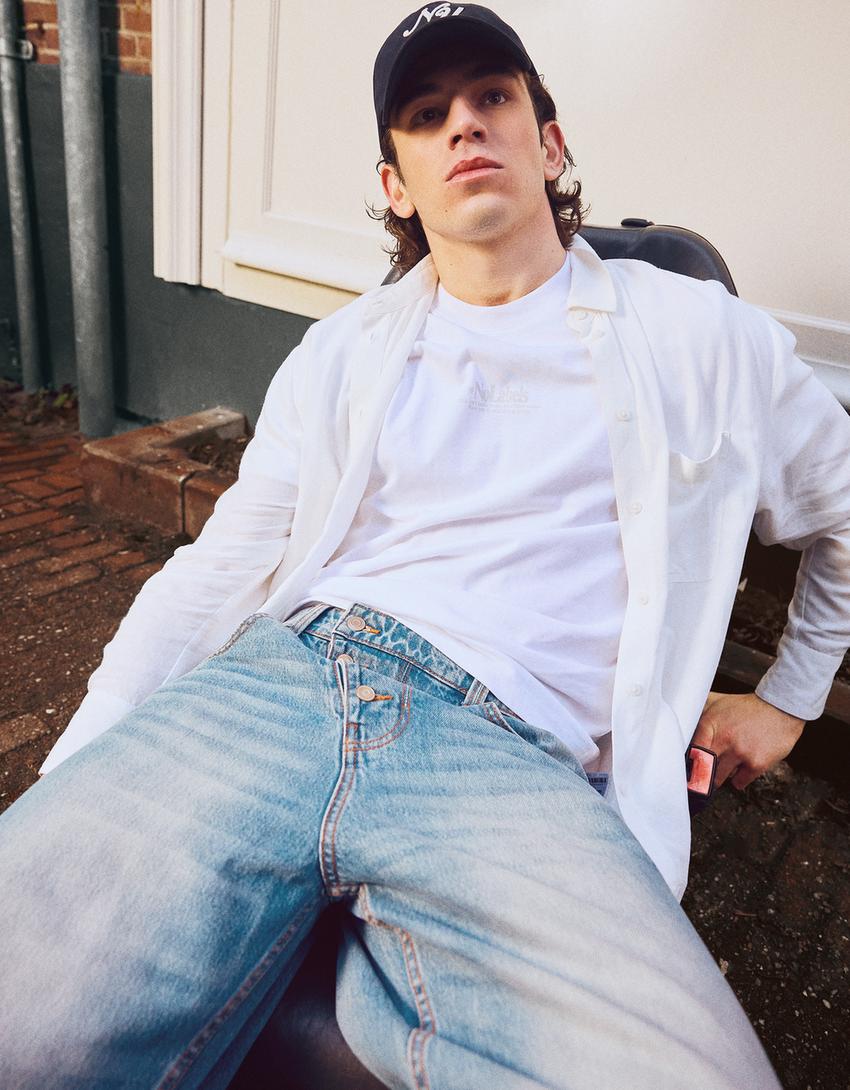 Jeans barrel fit à boutons croisés-Bleu lavé