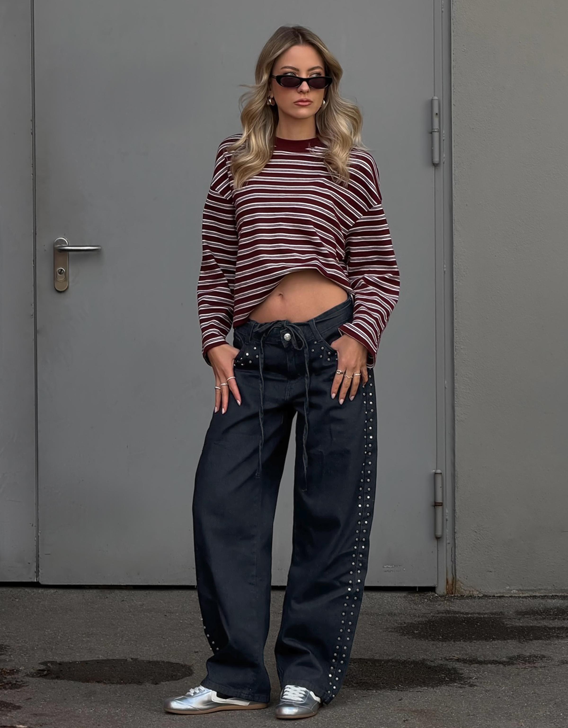 Bershka Baggy Barrel Jeans Mit Nieten Damen 42 Marinenblau