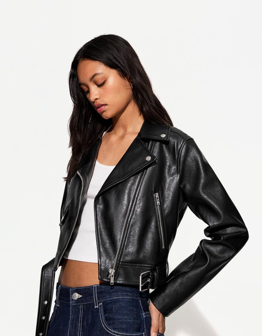 Suni deri biker ceket-Siyah-1