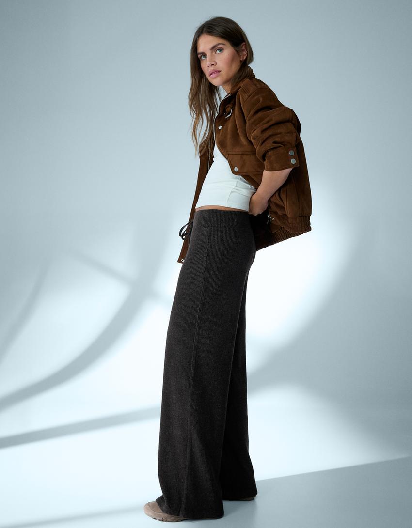 Rebraste pantalone širokih nogavica-Tamnosiva