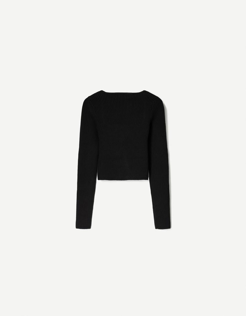 Sweater with a square neckline and bow-Black-2