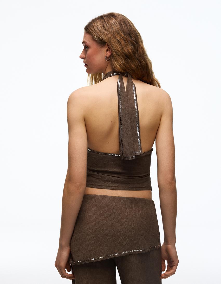Pullu halter top-Kahverengi